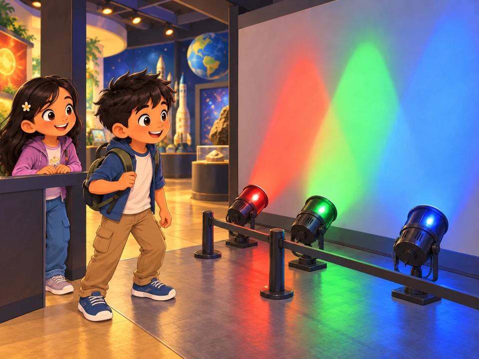 Dani and his friend approach a light exhibit with three colored lamps shining toward an empty wall.