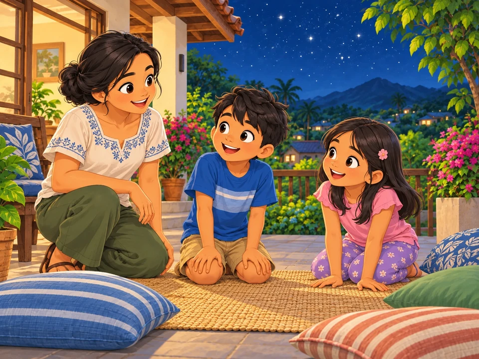 Joel and his sister prepare their night game with their aunt on a home patio beneath a starry sky.