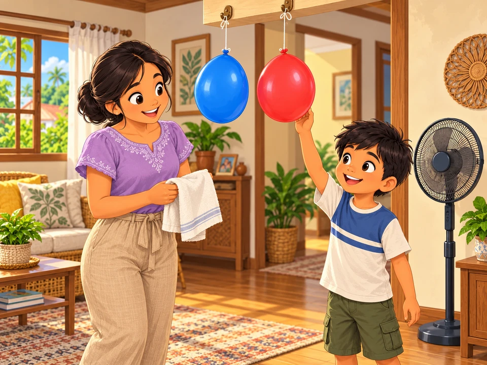 Eli and his aunt prepare two touching party balloons while a still fan stands beside them.