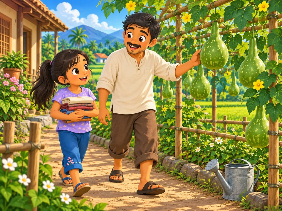 Sara carries folded cloth beside a local maker as they enter a sunny green-gourd garden with a watering can nearby.
