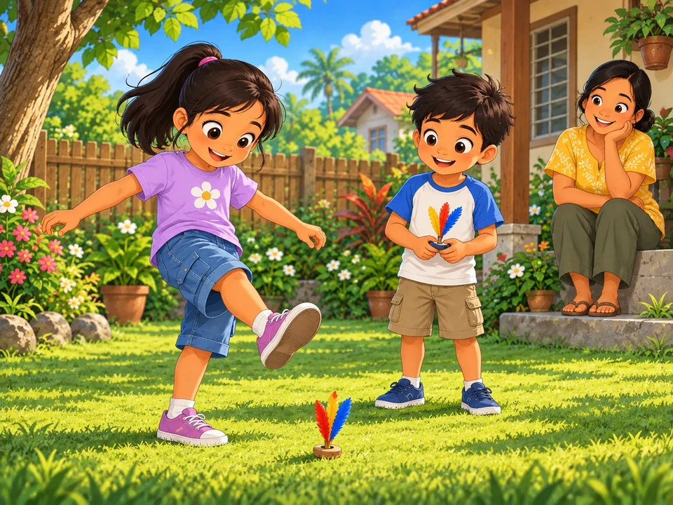 Ari prepares a forward sipa kick while her cousin waits with his own small tasseled object and their aunt watches.
