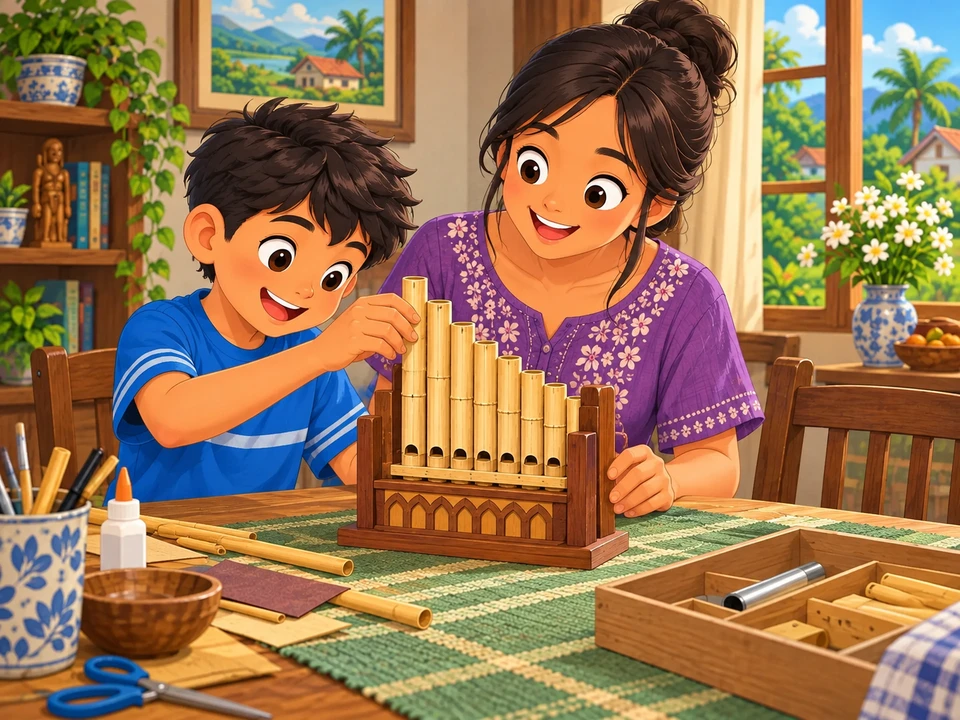 Luis and his aunt build a tabletop organ model with bamboo-shaped pipes while a silver model pipe remains in the parts box.