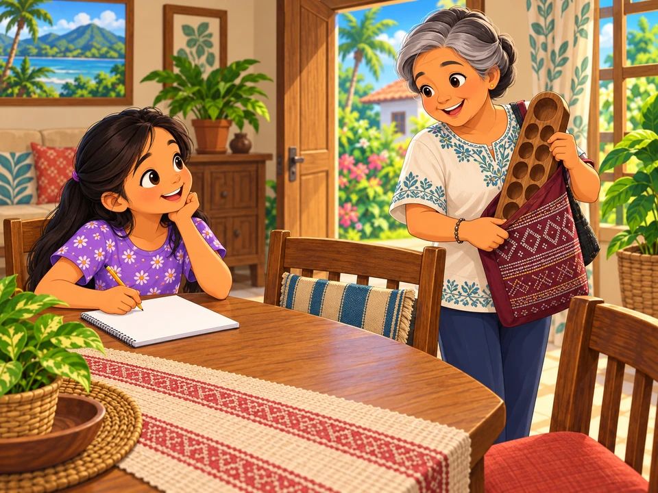 Nina writes a plain note at the table as her grandmother arrives carrying the family sungka board in a cloth bag.