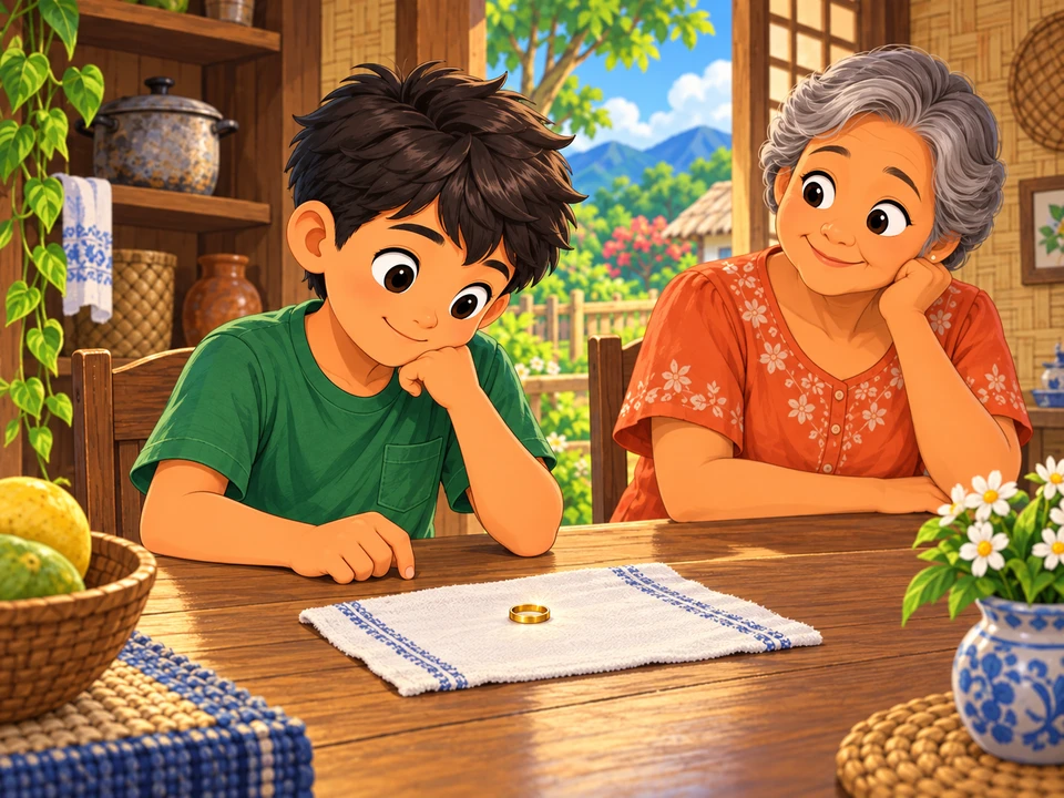 Emil studies a shiny ring on the family table while his grandmother waits and an old cooking pot remains on the shelf.
