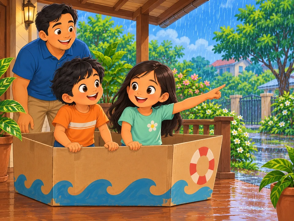 Bea and her friend wait in their cardboard pretend boat on a sheltered porch as rain reaches the edge and her father stands nearby.