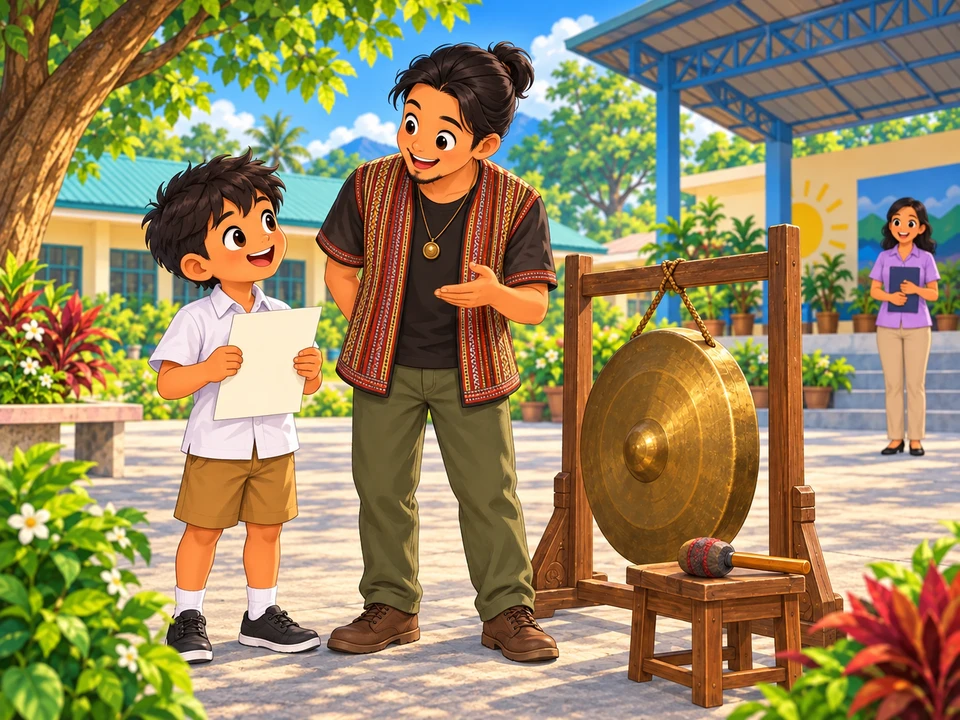 Tono holds a blank draft while talking with a visiting gong player in a school courtyard.