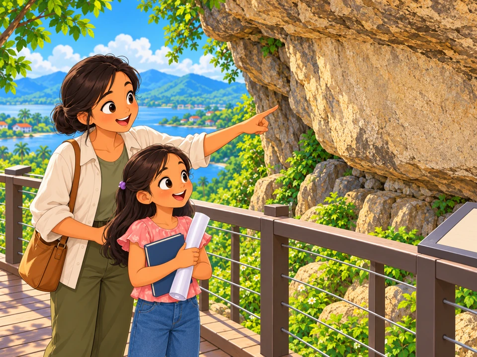 Faye holds rolled tracing paper and a book while her aunt points toward a rock shelter from a railed viewing deck.