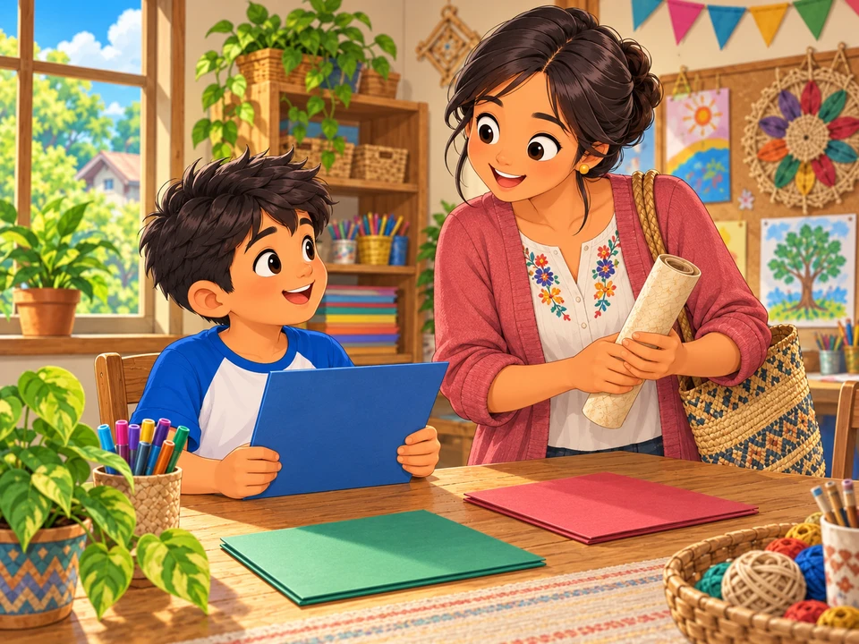 Miko holds a closed blue folder while his aunt arrives with a rolled delicate paper sample at the craft table.