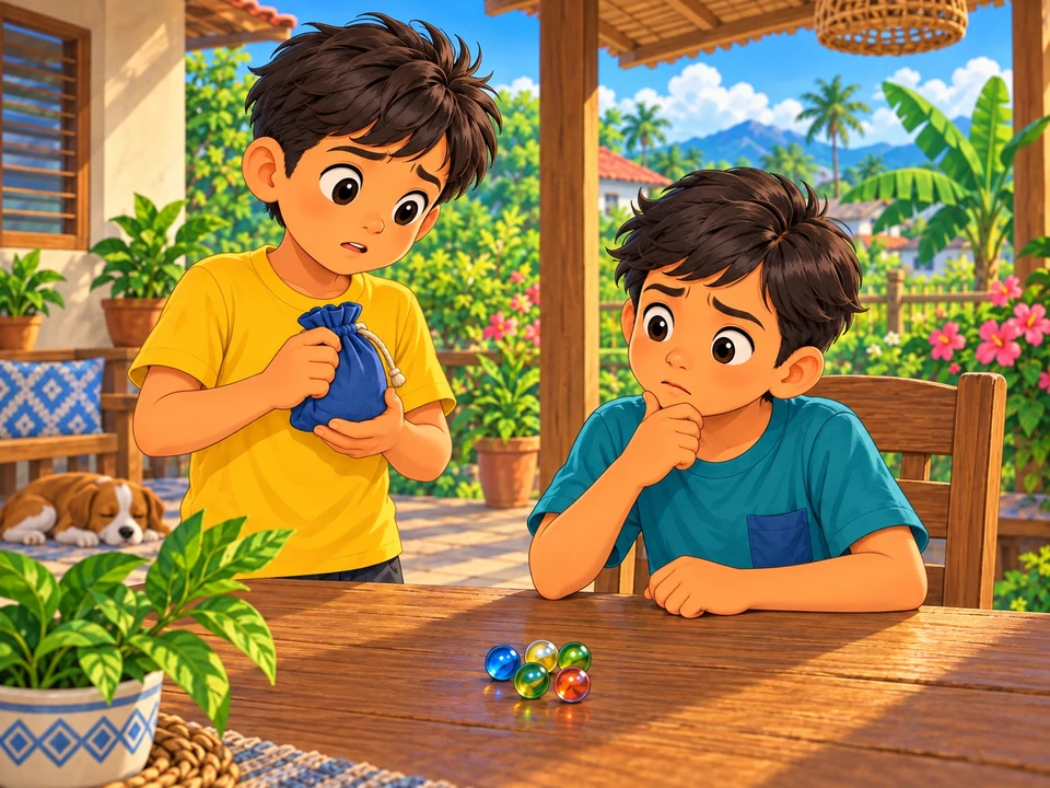 Rico holds his cloth marble bag while Sam studies the marbles on their porch table with a puzzled expression.
