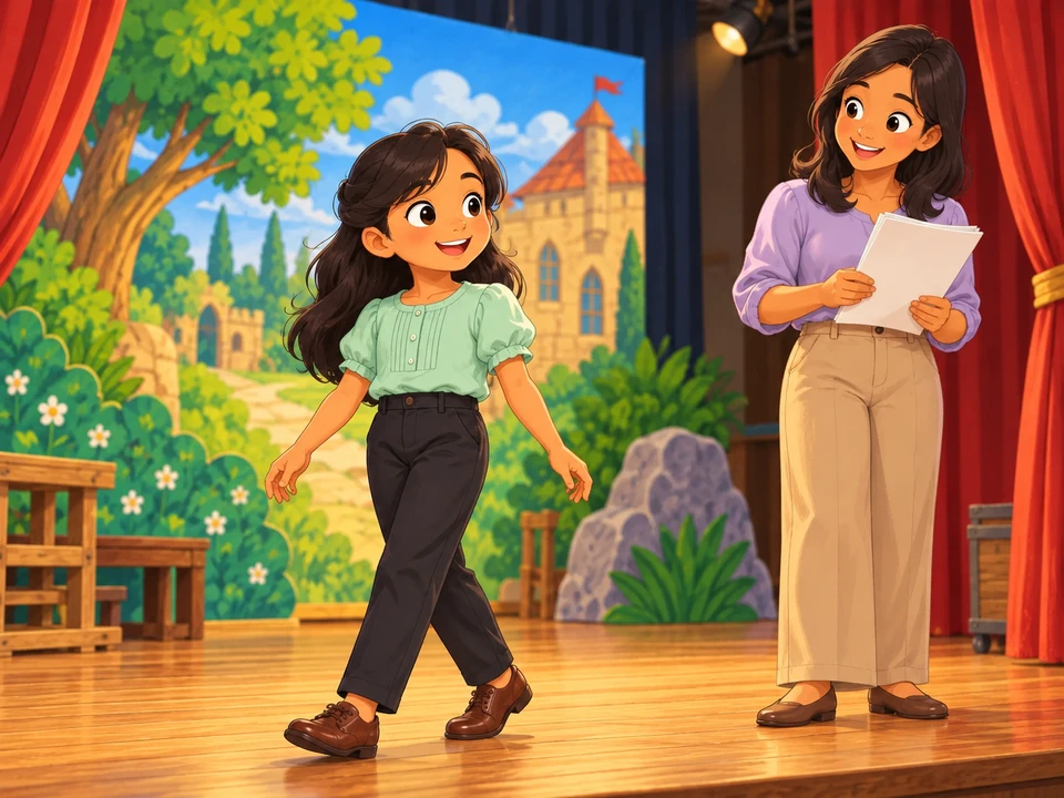 Mara rehearses a walk in brown shoes on the school stage while her teacher watches with a blank rehearsal sheet.