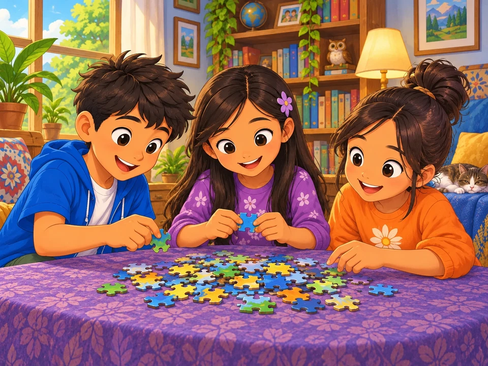 Three friends begin a jigsaw puzzle on a draped purple cloth in a bright reading room.