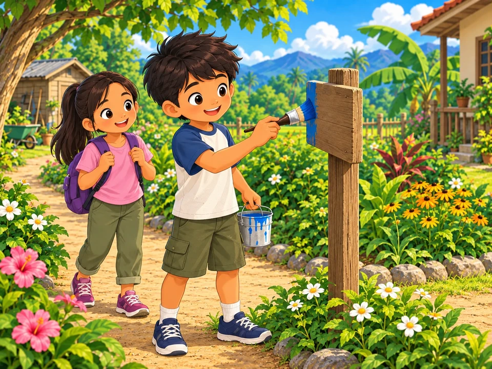 Sol begins work on a small garden path sign while his cousin waits beside him.