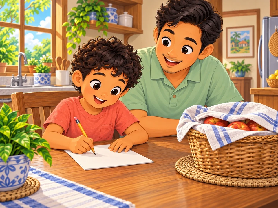 Neri begins a list at the kitchen table beside a partly covered apple basket while her father watches.