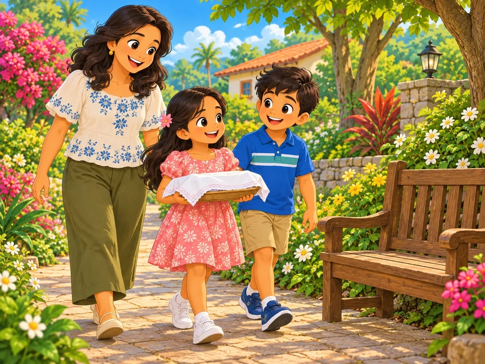 Elma carries a covered tray as she arrives at a garden bench with her brother and aunt.