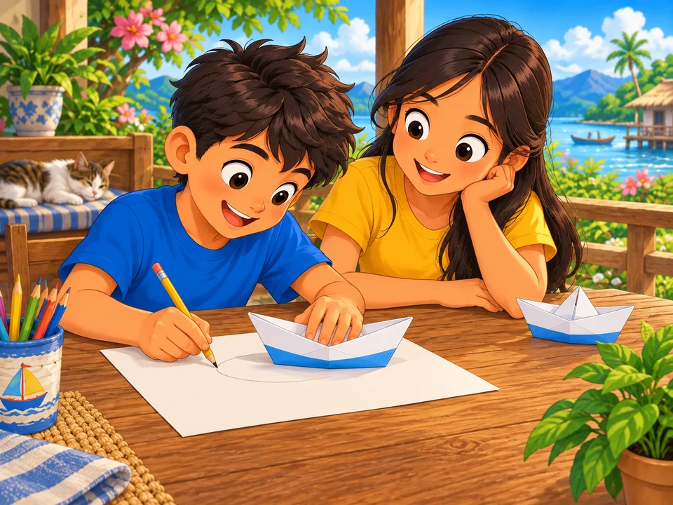 Owen begins an outline beside an intact paper-card boat while his sister watches with the spare boat nearby.