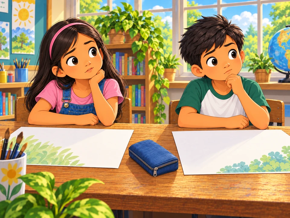 Pia and Ren wait thoughtfully beside their unfinished posters and a closed pencil pouch at the art table.