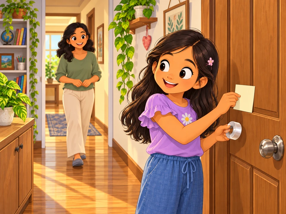 Ina prepares an unmarked door note and tape while her aunt approaches from the hallway.