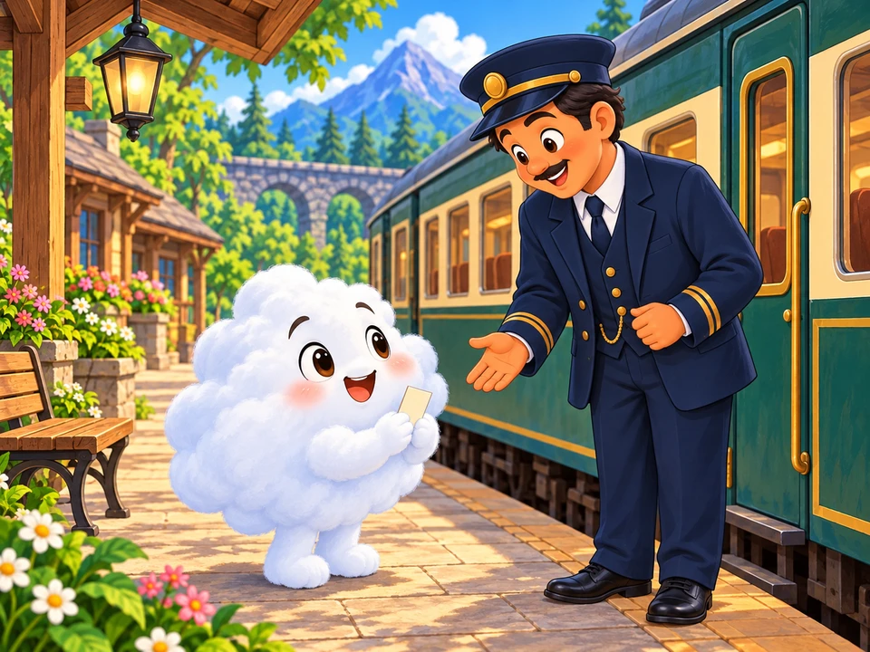 A friendly cloud with a blank paper card meets the conductor beside a closed forest-train doorway.