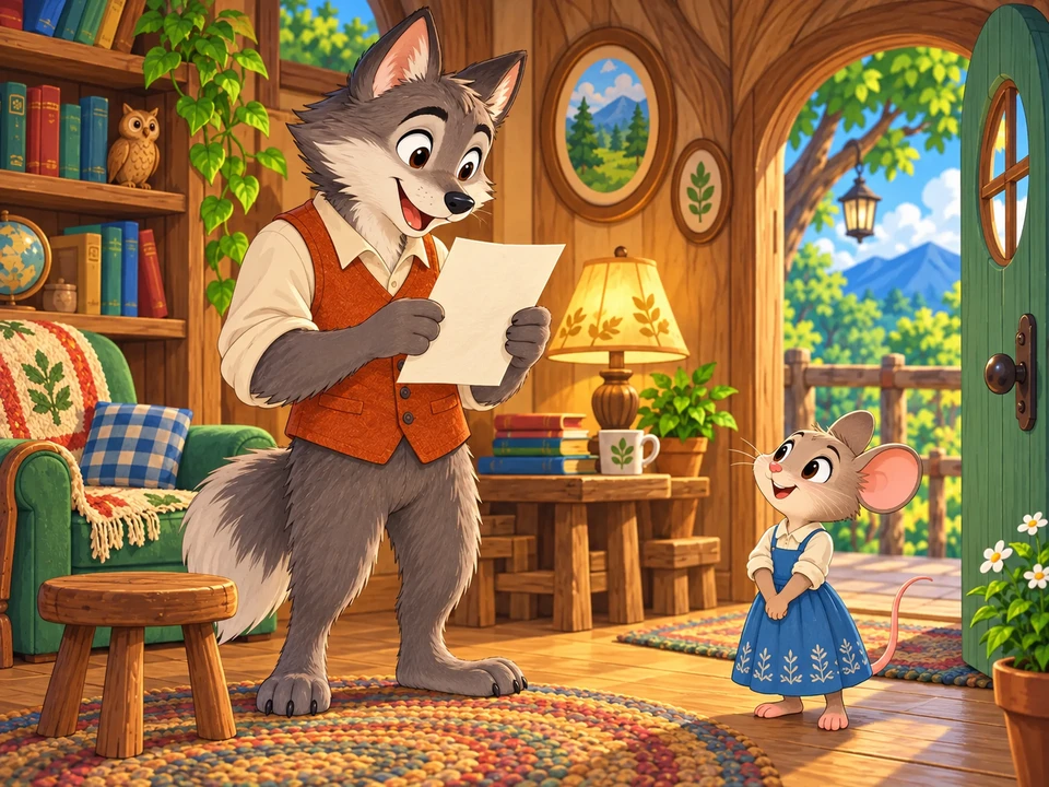 Wolf prepares an unmarked letter while Mouse waits near the doorway of their cosy woodland room.