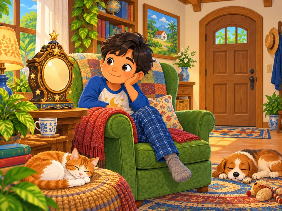 The magic-clock keeper sits awake beside his covered ornate clock in a cosy home before resting.