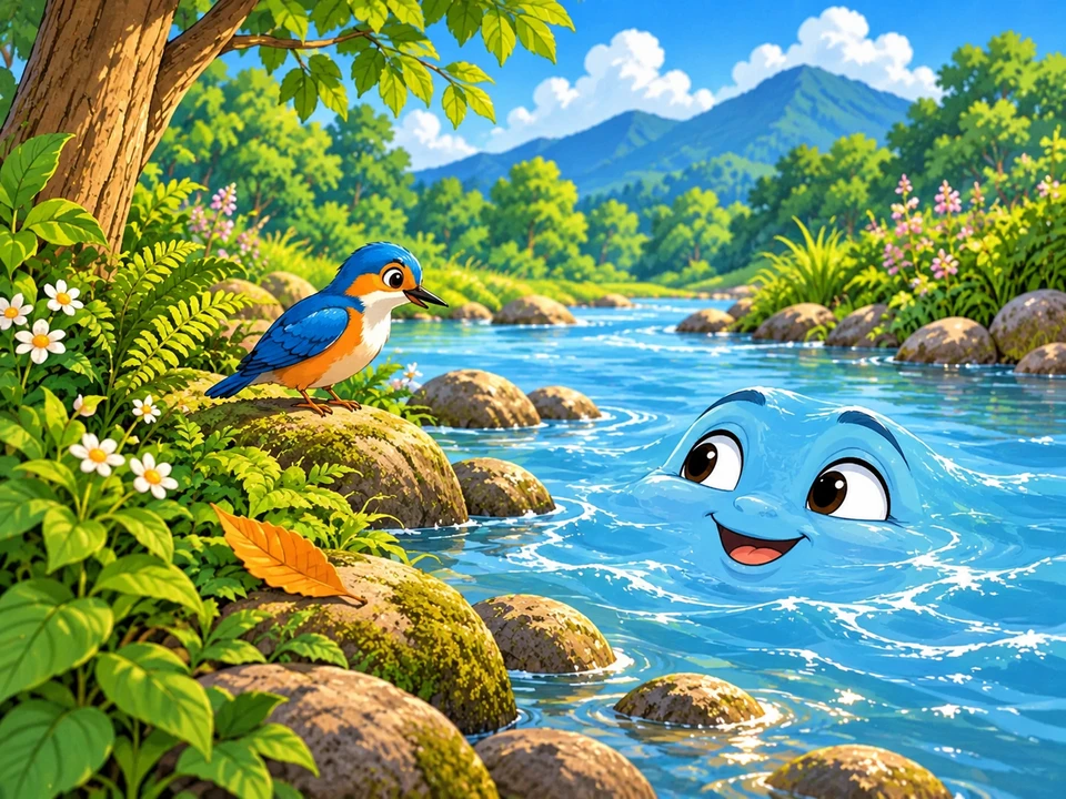 A friendly face in the river looks toward a perched bird, with an unmarked leaf resting on the dry bank.