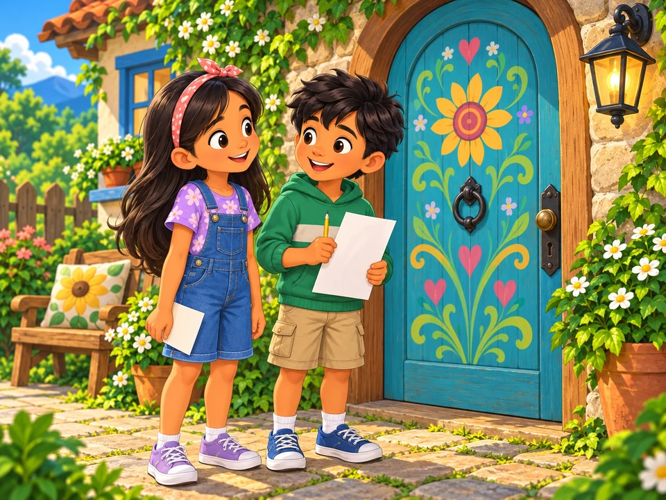 Tia and her friend wait beside a closed painted cottage door with their unmarked cards ready.