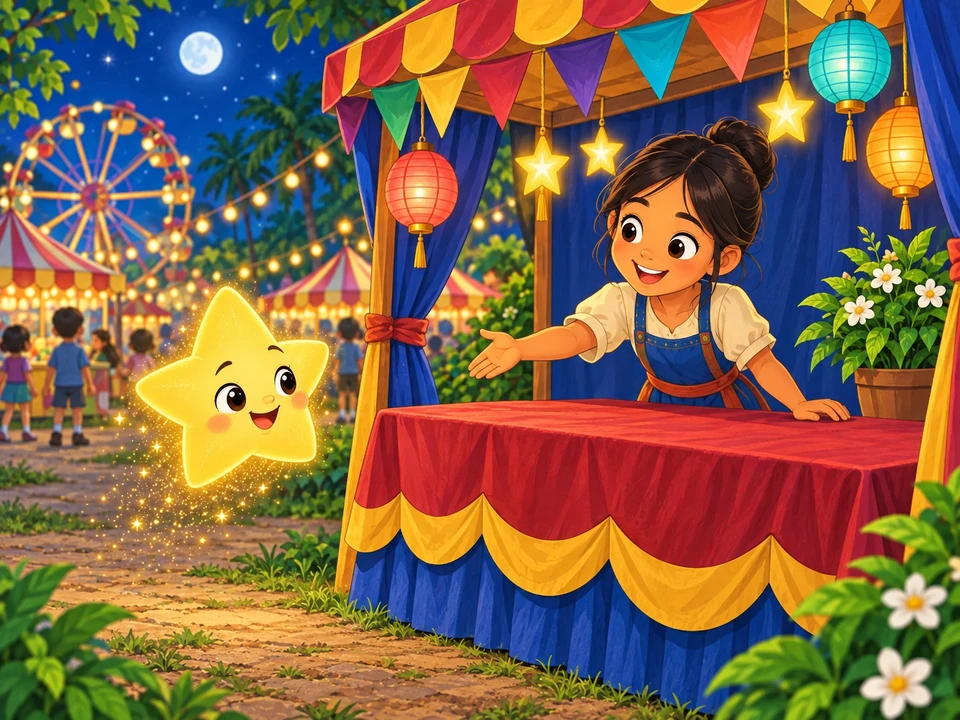 A little friendly star arrives at an empty lantern-lit fair stall before its prize presentation.
