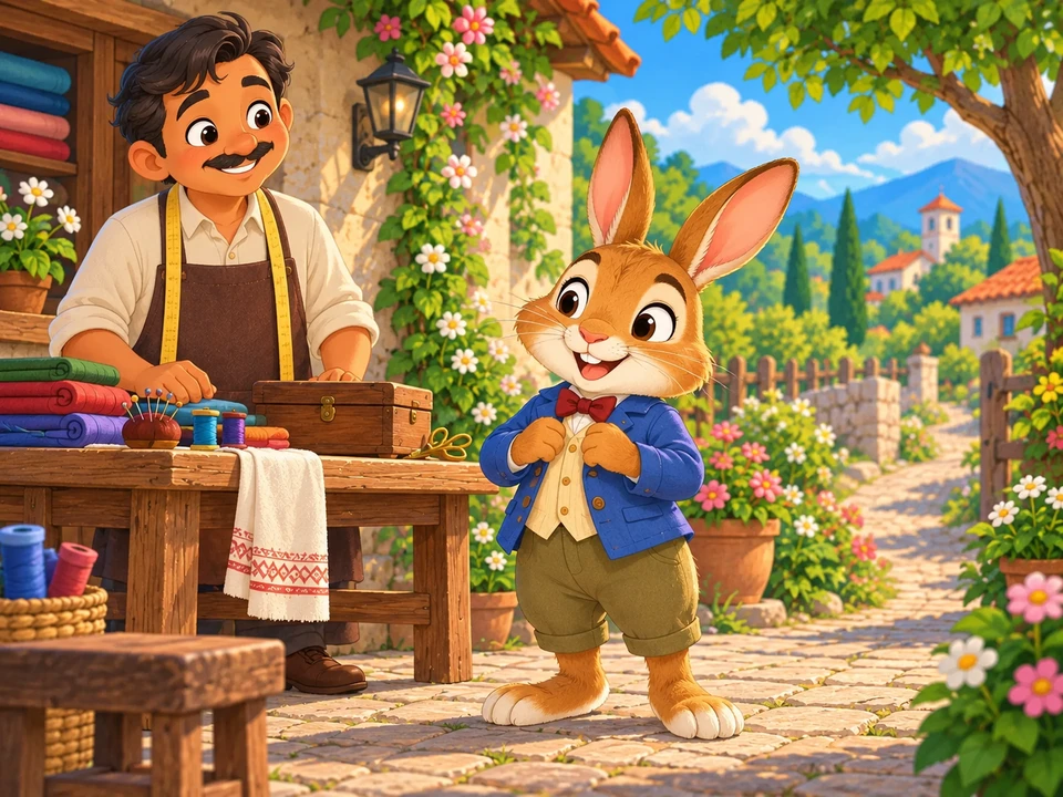 Rabbit waits facing forward at the tailor’s garden worktable before adding parade decorations.