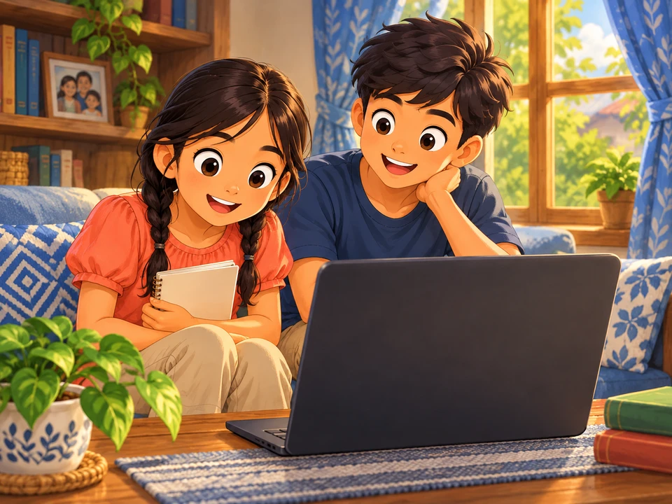 Si Rina at ang kaniyang kuya ay nanonood ng pelikula sa bahay.