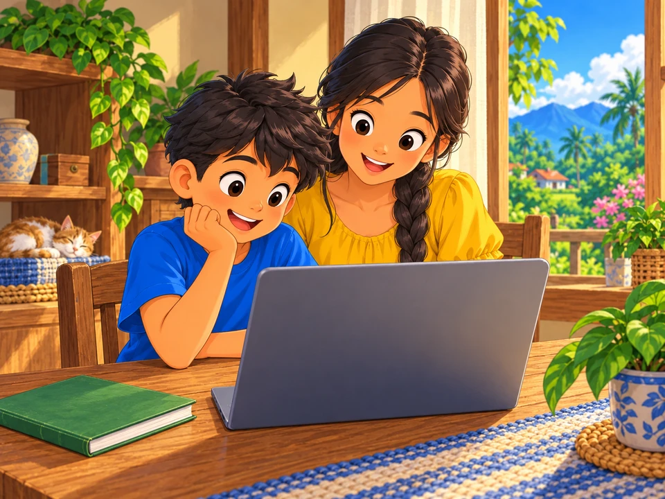 Si Tomas at ang kaniyang ate ay nanonood sa isang laptop sa bahay.