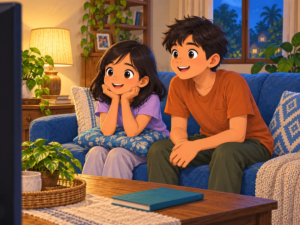 Si Iya at ang kaniyang kuya ay nanonood sa bahay.