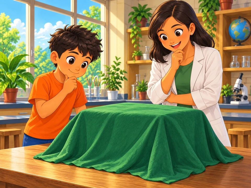 Si Olan at ang guro sa tabi ng mesa ng agham na may nakatakip na berdeng tela.