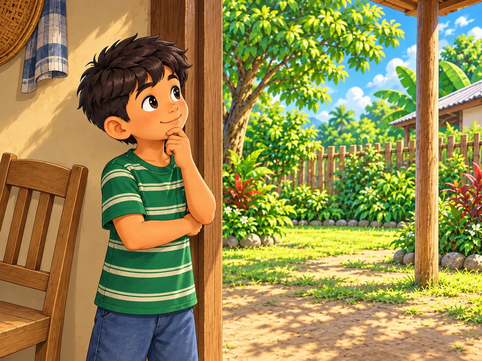 Si Enzo sa pintuan ng bahay na nakatingin sa bakuran, may upuang hindi pa ginagamit sa tabi niya.