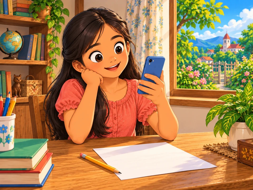 Si Mara na naghahanda sa kanyang mesa, nakatago ang screen ng hawak na telepono at blangko ang papel.