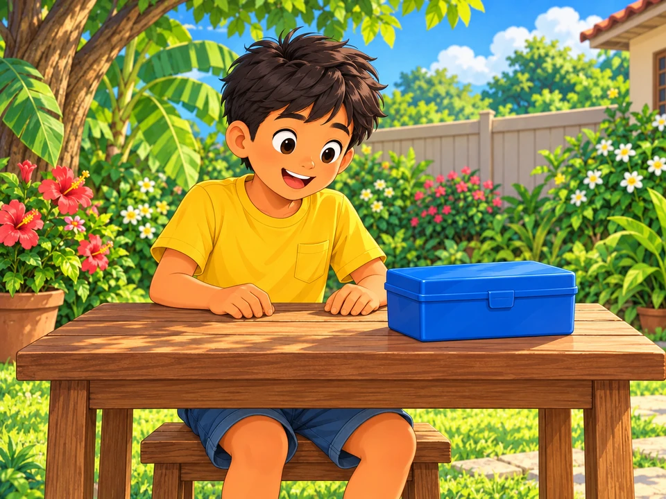 Si Kiko sa mesa sa bakuran, handa sa gawain at nakasara pa ang kahon ng kagamitan.