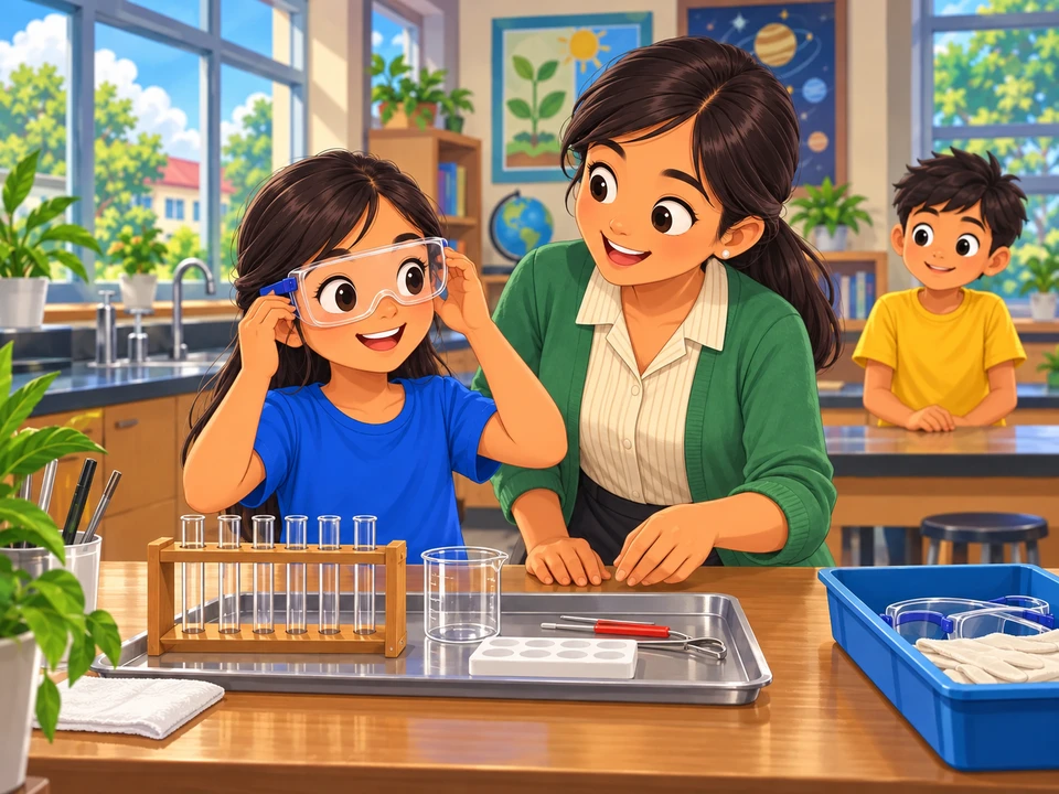 Si Faye ay nagsusuot ng panangga sa mata bago magsimula ang pagsubok kasama ang guro.