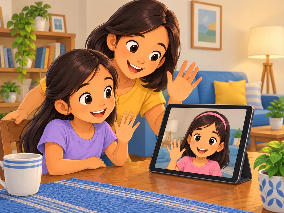 Sina Rosa at Emi ay bumabati sa video call kasama ang isang magulang.