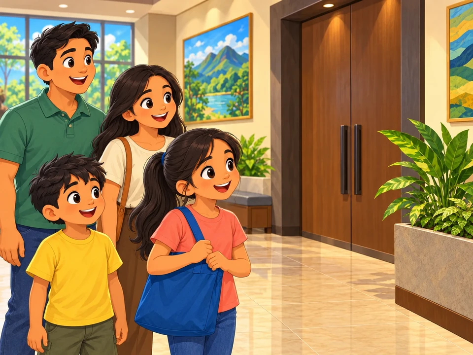Si Jessa at ang kanyang pamilya ay naghahanda sa pasukan ng eksibit.