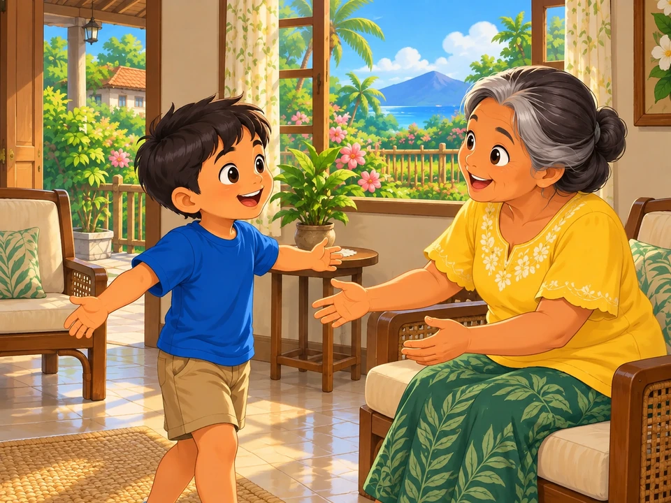 Si Pao ay bumabati kay Lola bago ang kanilang pag-uusap sa bahay.