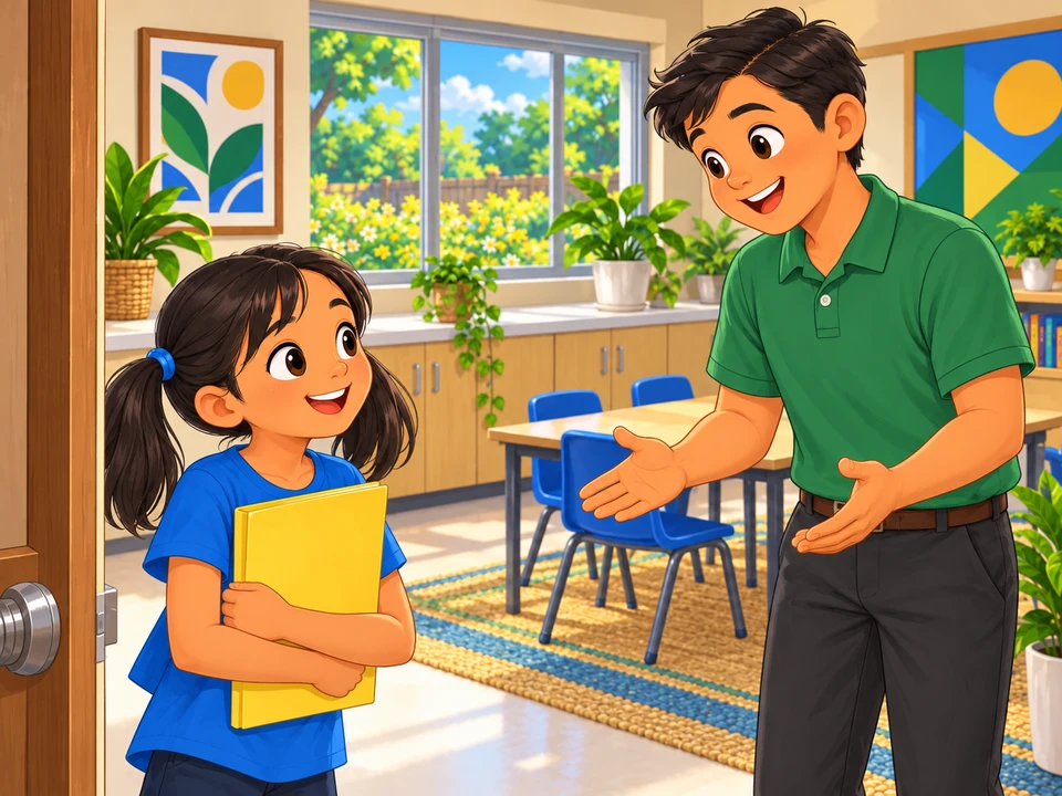 Si Aya ay dumarating sa silid-aralan bago piliin ang mga gamit sa gawain.