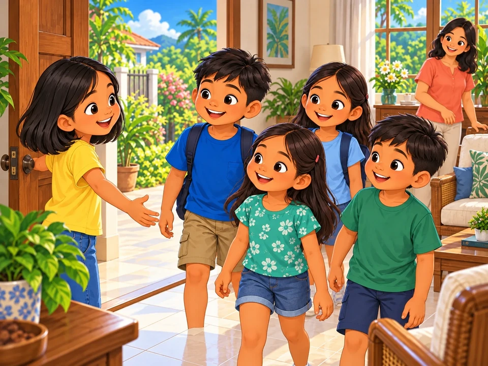 Si Nica ay bumabati sa kanyang mga pinsan bago ang kanilang gawain sa bahay.