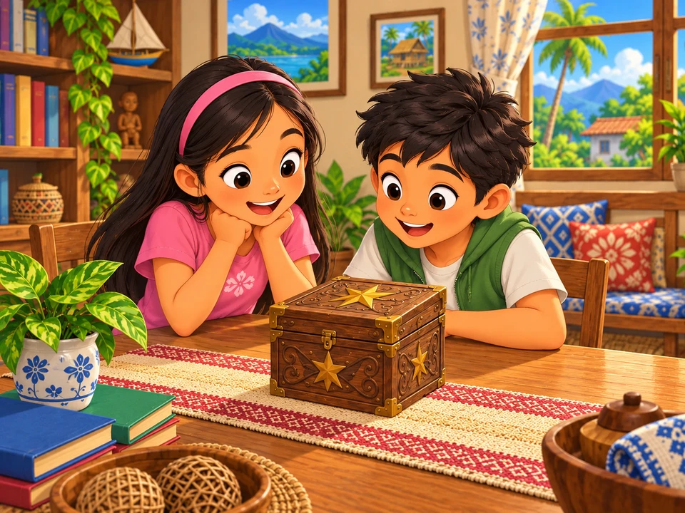 Sina Jona at Tibo ay nagmamasid bago subukin ang mahiwagang kahon.