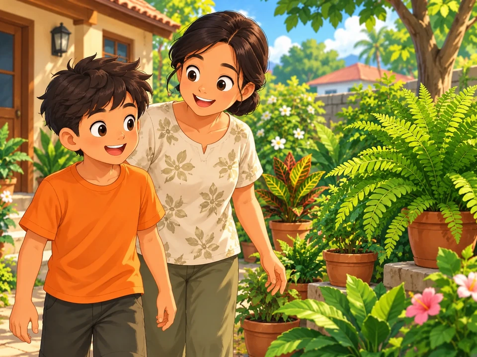 Ben and his aunt arrive beside green potted plants in a sunny garden.