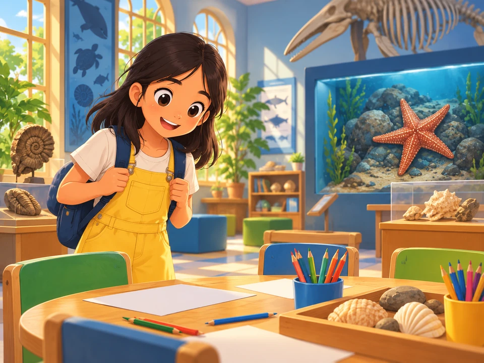 Lina enters a museum activity room with marine displays and a drawing table.