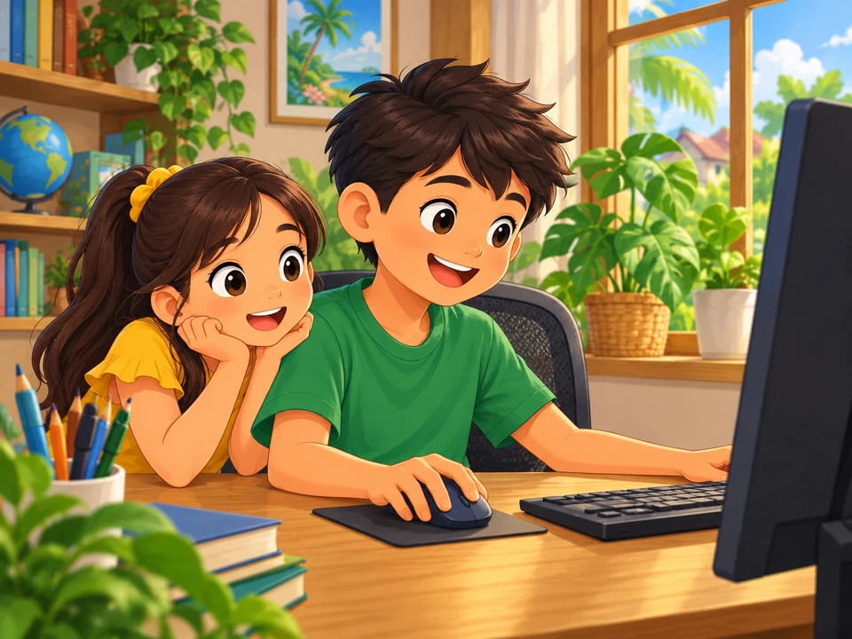 Ari and his sister prepare to work on a film at a home computer.