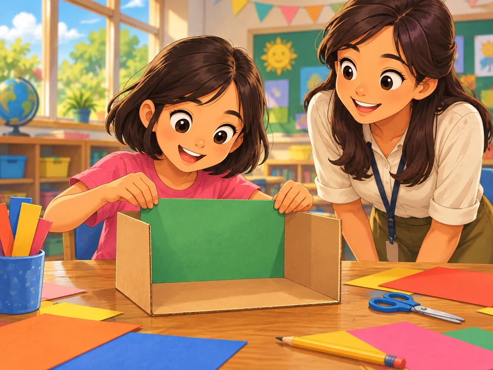 Mia builds a small cardboard stage while her teacher watches.