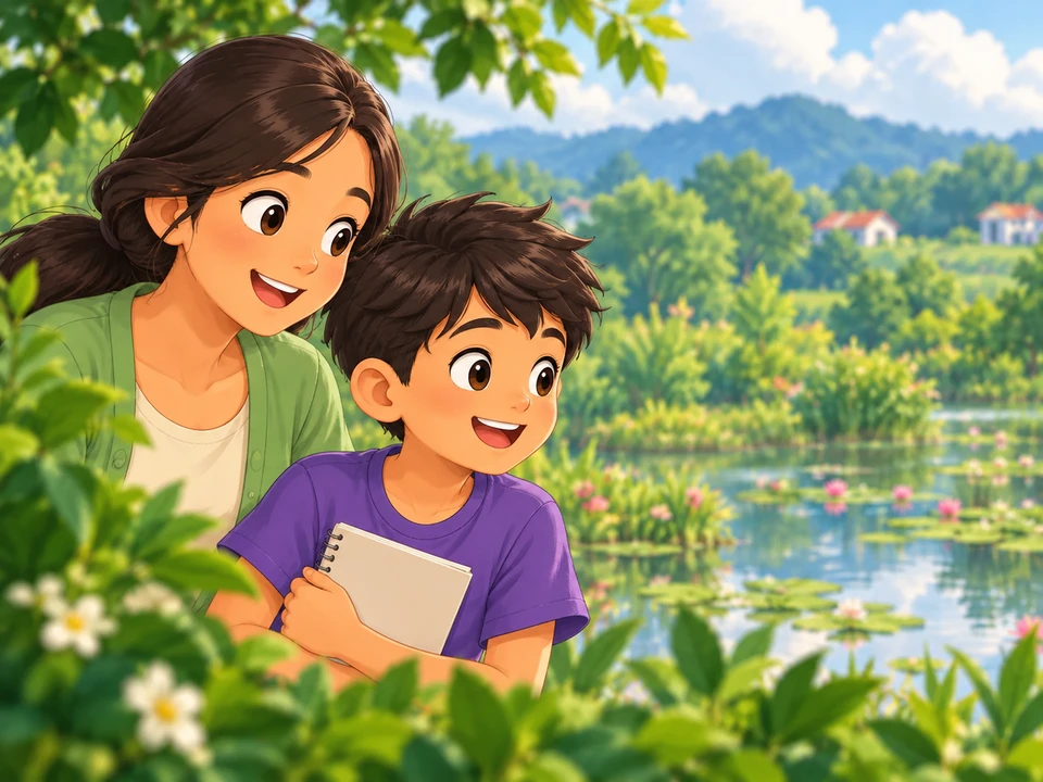 Jo and his mother look toward a pond, with his sketchbook still closed.