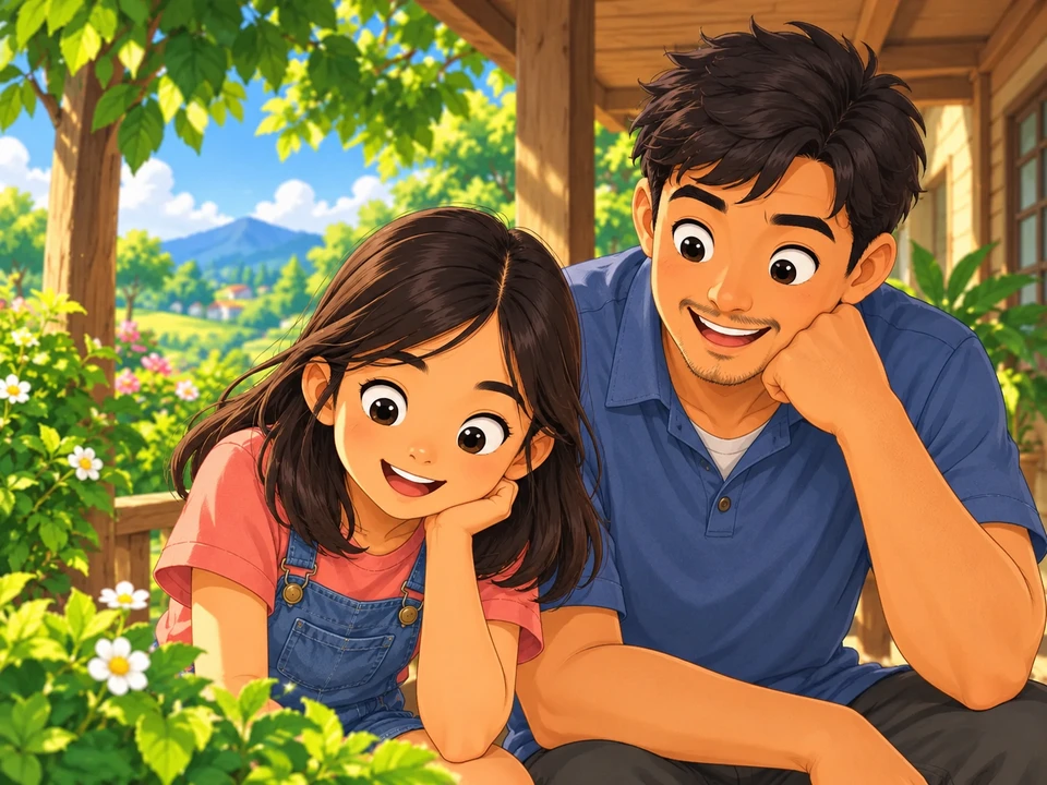 A girl and her father look curiously down from a sunny porch.