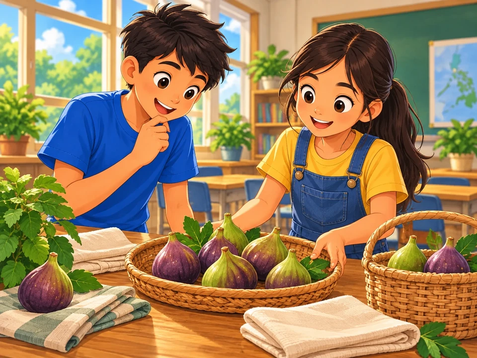 Two classmates arrange whole figs for a classroom fruit show.