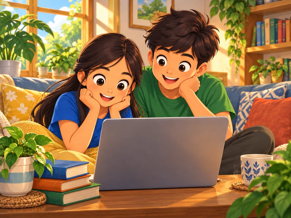 A girl and her brother watch a nature film at home.